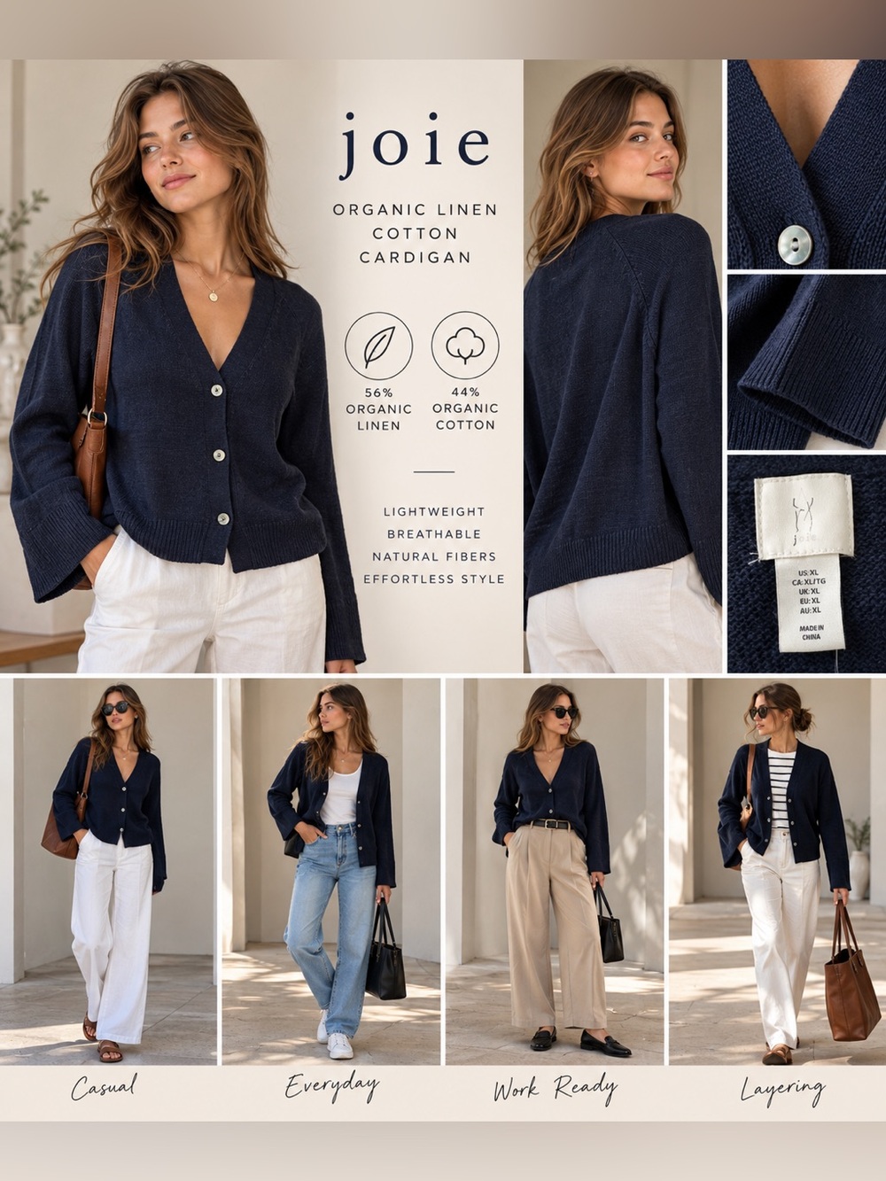 Joie Organic Linen Cotton V-Neck Cardigan Navy Ink Blue NWT Size XL